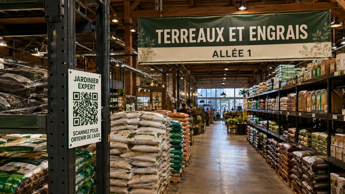 Photo de localisation Jardinier Expert : rayon de terreaux et d’engrais, panneau Allée 1 et affiche Jardinier Expert.