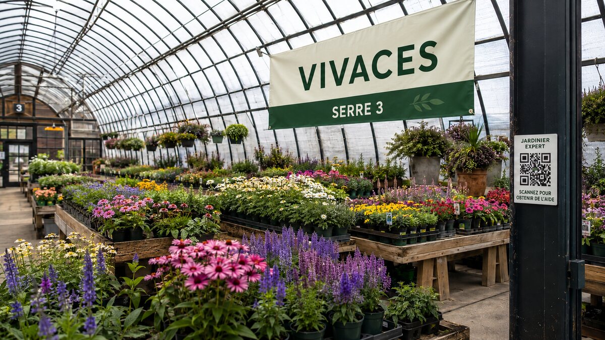 Photo de localisation Jardinier Expert : tables de vivaces, panneau Vivaces — Serre 3 et affiche Jardinier Expert.
